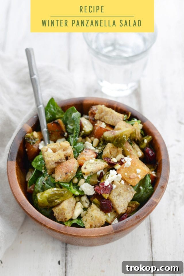 Overhead shot of the full Winter Panzanella Salad, beautifully presented for a meal.