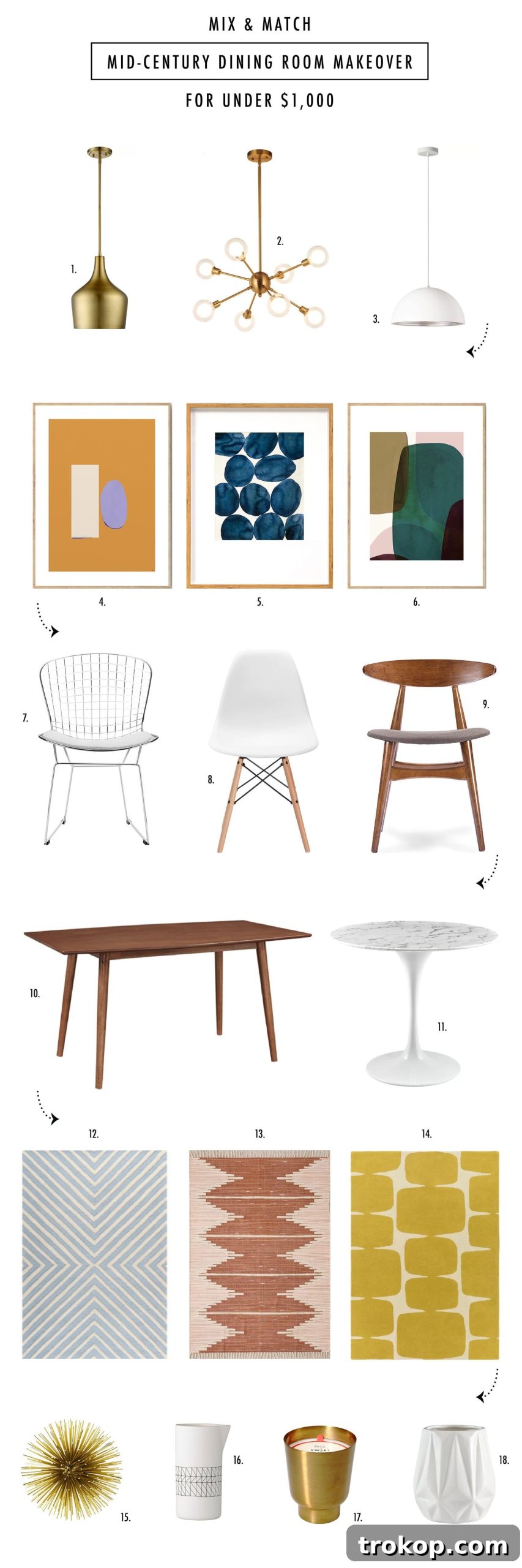 A beautifully styled mid-century modern dining room with a rectangular wood table, modern chairs, a multi-orb light fixture, and abstract art, showcasing an inviting and vibrant aesthetic.