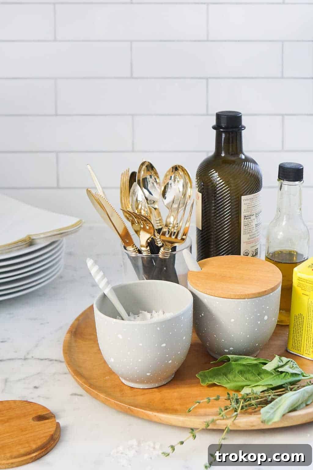 Create Rustic Faux Stone Salt Cellars 2 Two DIY Faux Stoneware Salt Cellars with bamboo lids on a kitchen counter