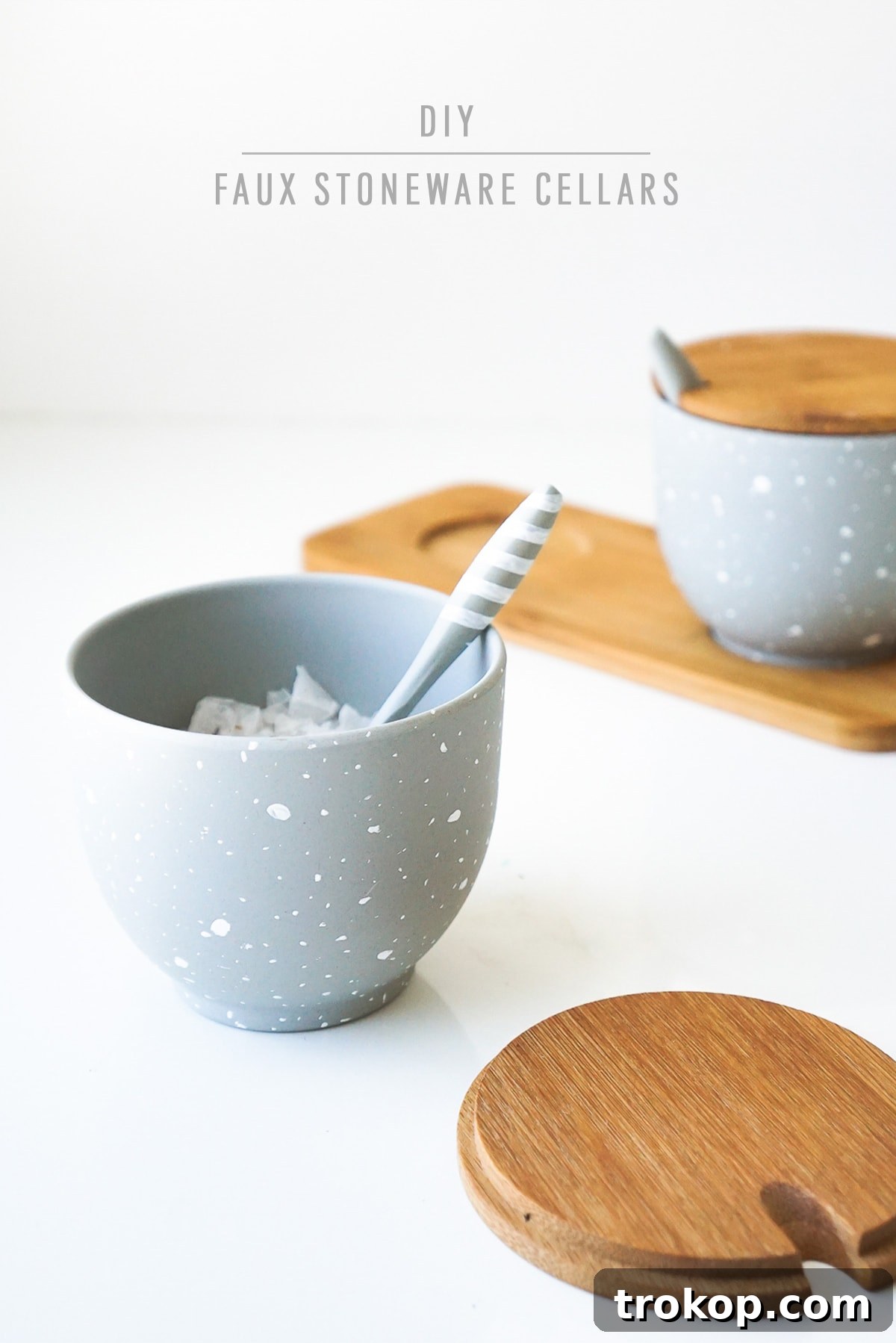 Create Rustic Faux Stone Salt Cellars 9 Featured image of multiple DIY Faux Stoneware Salt Cellars in a kitchen setting