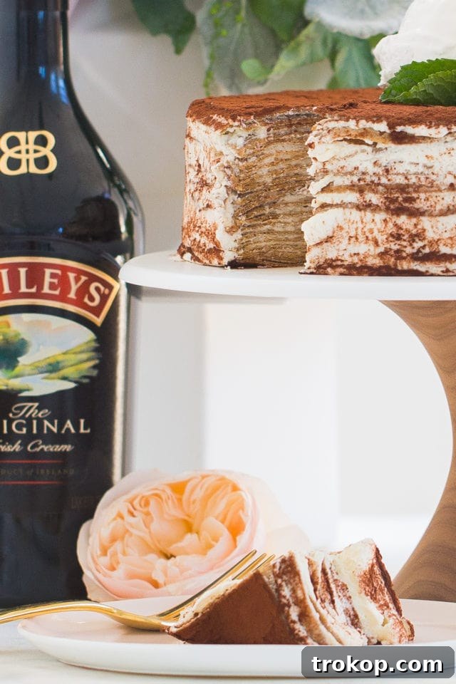 Ingredients for Baileys Tiramisu Crepe Cake, including Baileys Irish Cream.