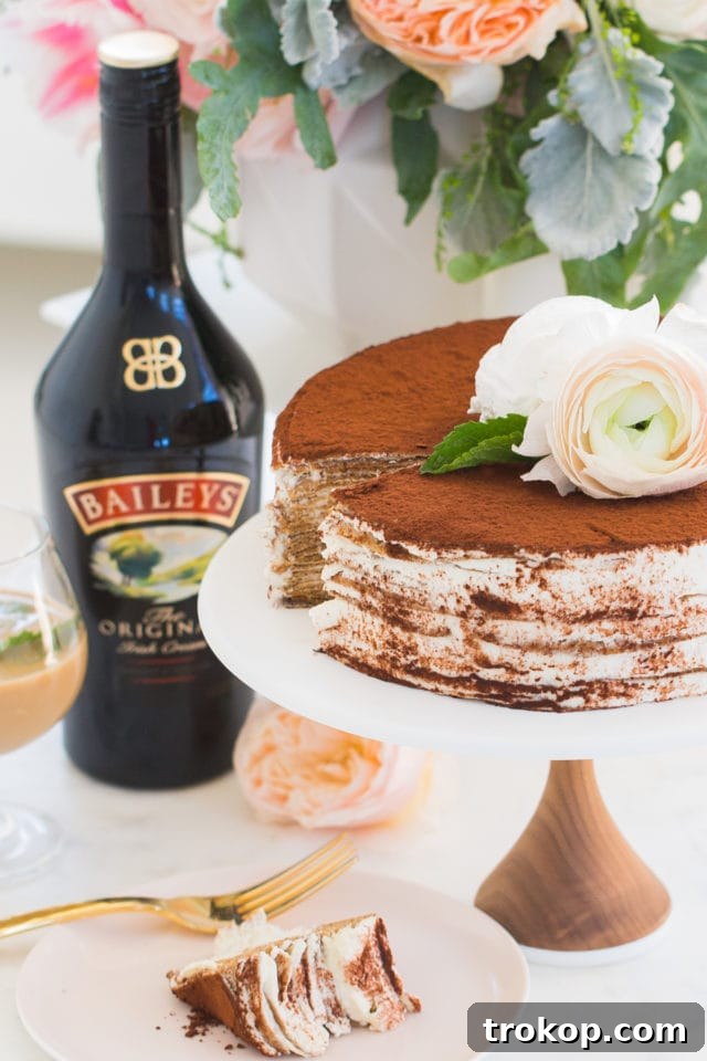 A close-up of the delicious layers within a Baileys Tiramisu Crepe Cake.