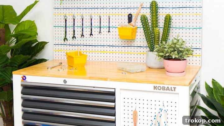 Modern tool organization ideas for a she shed or craft space.