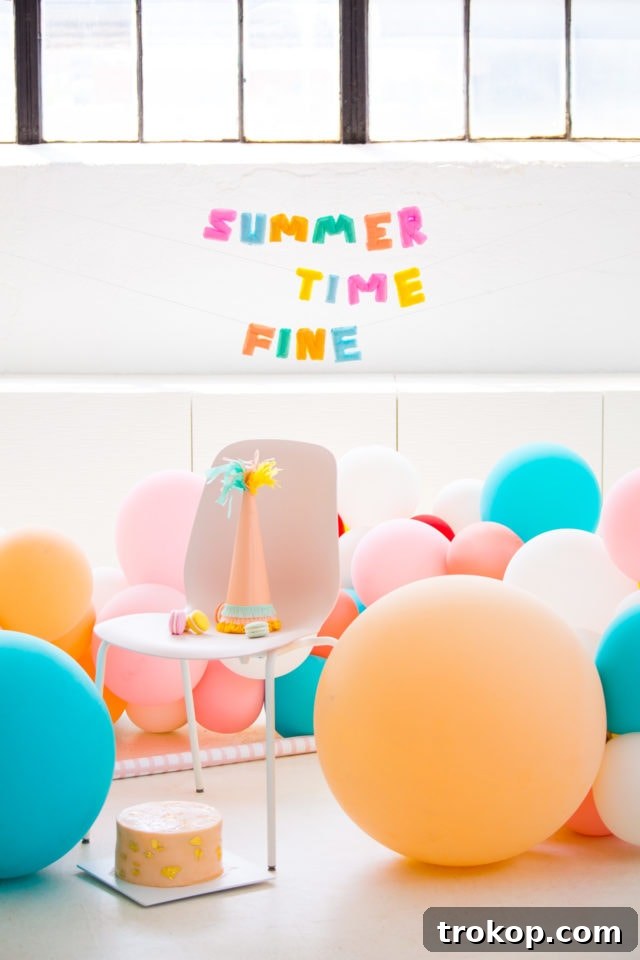 Elegant 'Summer Time Fine!' Faux Balloon Letter Banner for party decor that never deflates
