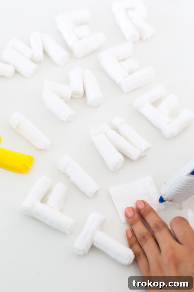 Visual guide showing how to create faux balloon letters by sugar and cloth, starting with rolling cotton