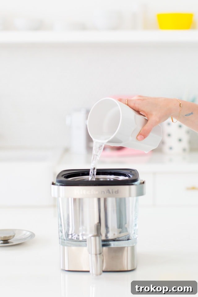 The Ultimate Cereal Milk Cold Brew 5 Coffee grounds in a KitchenAid cold brew maker before adding water, by top Houston lifestyle blogger Ashley Rose of Sugar and Cloth