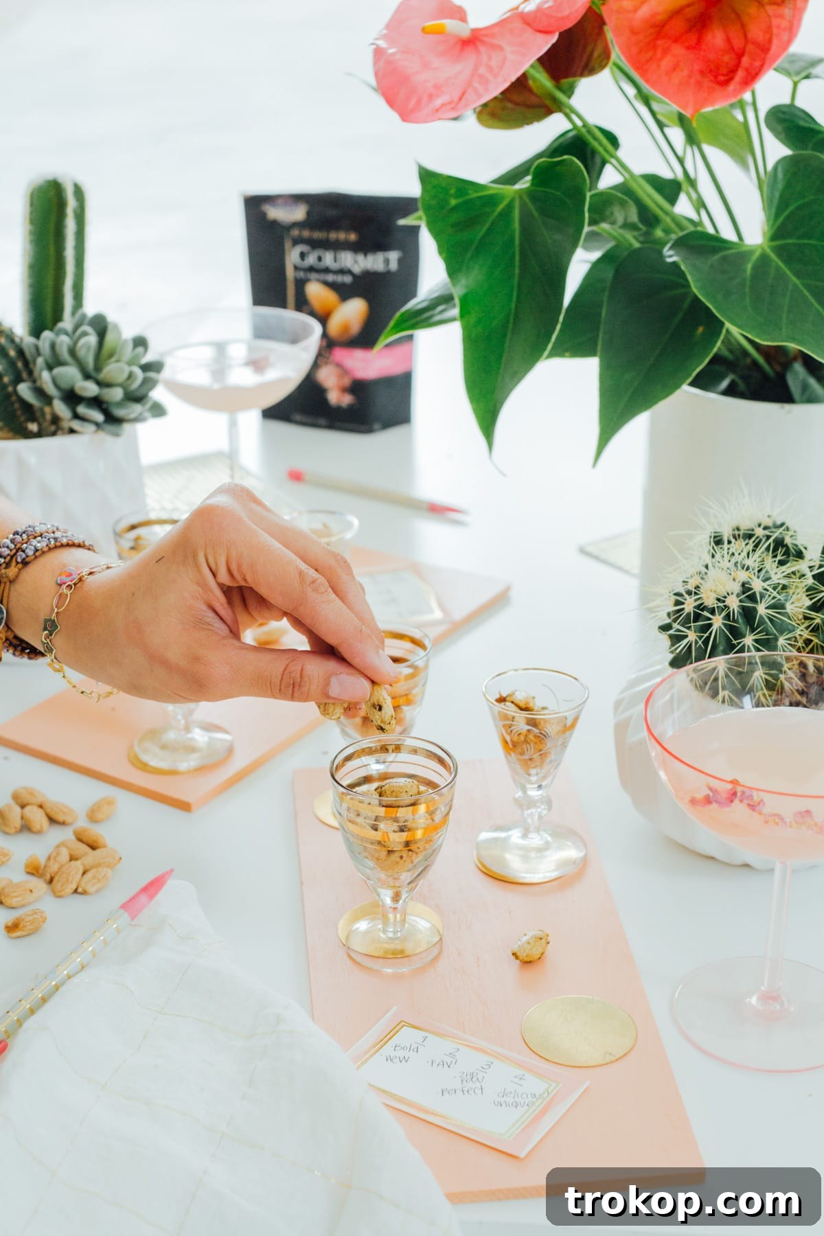 Craft Your Own Tasting Flights 8 Completed DIY Tasting Flight Boards with almonds and tasting cards