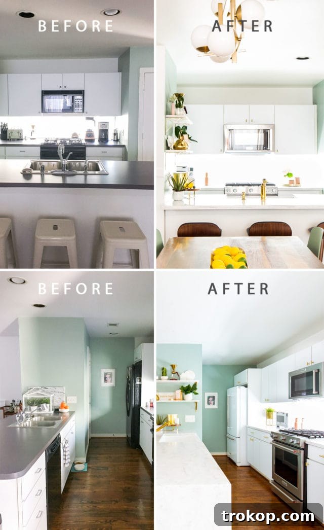 Before and After Kitchen Renovation: A side-by-side comparison showcasing the dramatic transformation of the space.