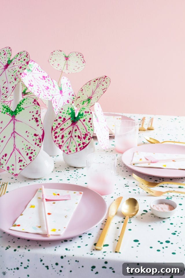 Finished DIY paper Caladium styled with Sugar & Cloth party supplies by lifestyle blogger Ashley Rose