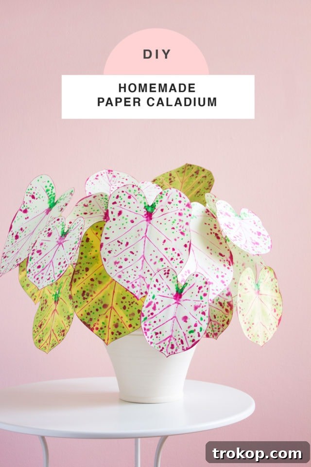 Close-up of the finished DIY paper Caladium plant, showcasing detailed craftsmanship
