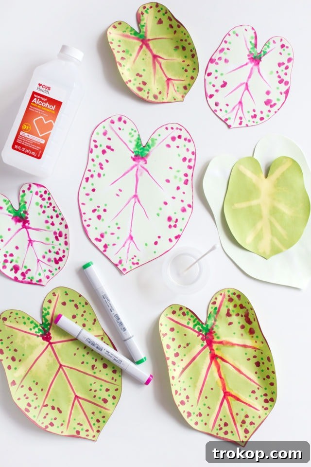 Step 3: Adding intricate details to paper leaves using alcohol markers and isopropyl alcohol