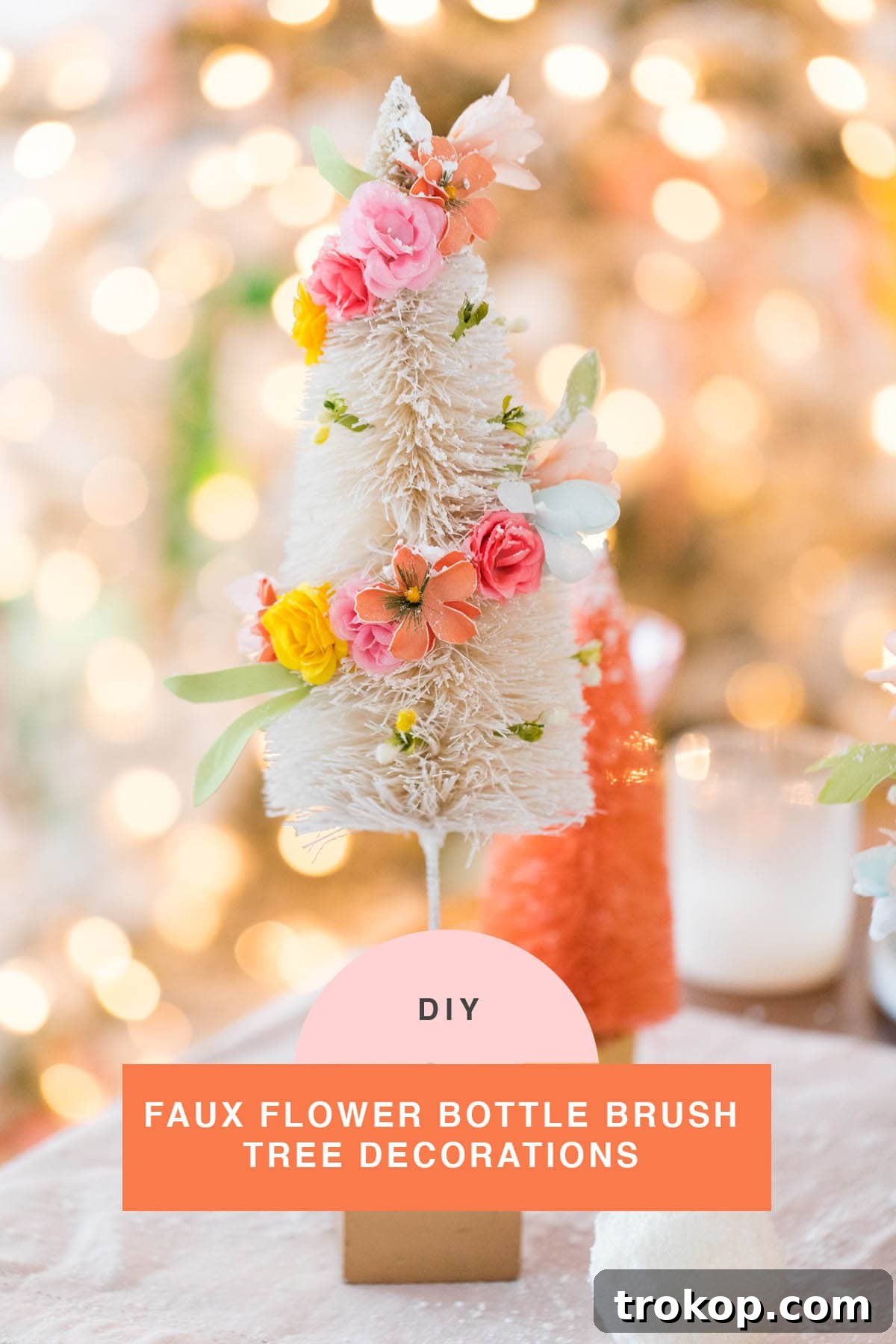 Charming DIY Floral Bottle Brush Christmas Table Decor 8 Detailed instructions for crafting a faux flower bottle brush tree centerpiece, showing the simplicity of this festive DIY project.