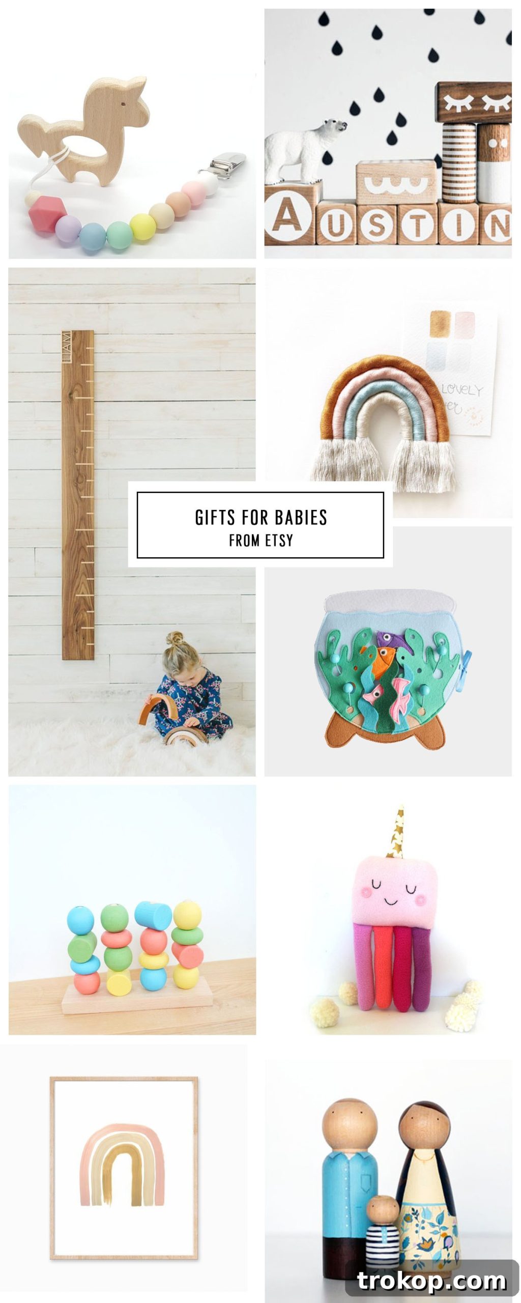 Complete Etsy Gift Guide for Babies Under $75, featuring adorable and safe holiday gift ideas curated by Houston lifestyle blogger Ashley Rose of Sugar and Cloth. Perfect for Christmas presents and entertaining. Keywords: gift guide, christmas, entertaining, holiday gifts, presents, gifts for babies.