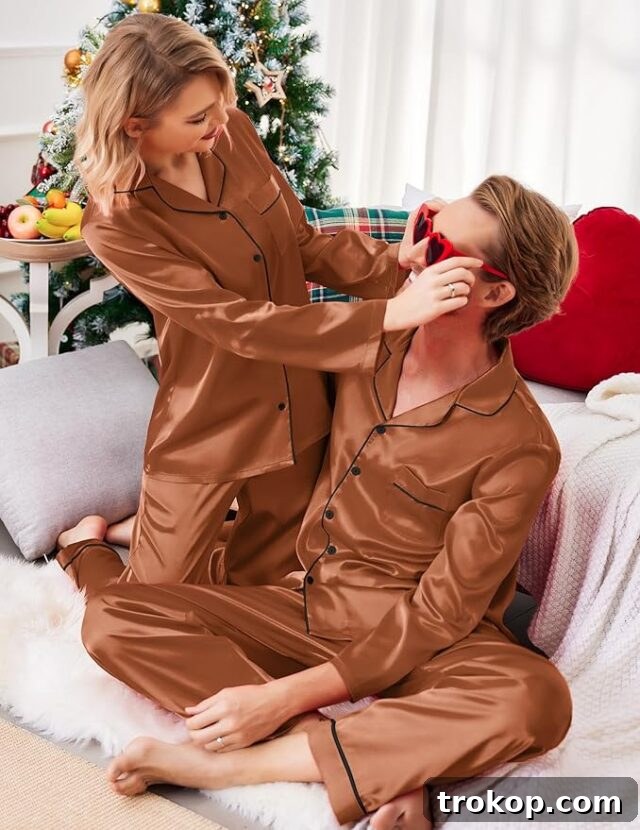 Festive Family Fun: Matching Family Christmas Pajamas 25 Ekouaer couples matching silk long sleeve sleepwear in satin.