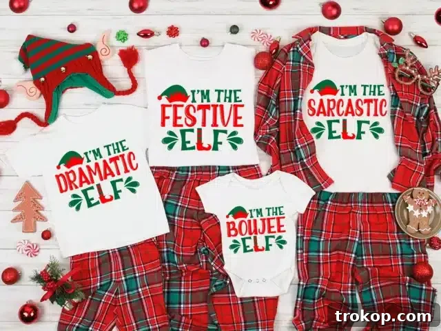 Festive Family Fun: Matching Family Christmas Pajamas 4 Personalized elf-themed family Christmas shirts for a fun holiday photo.