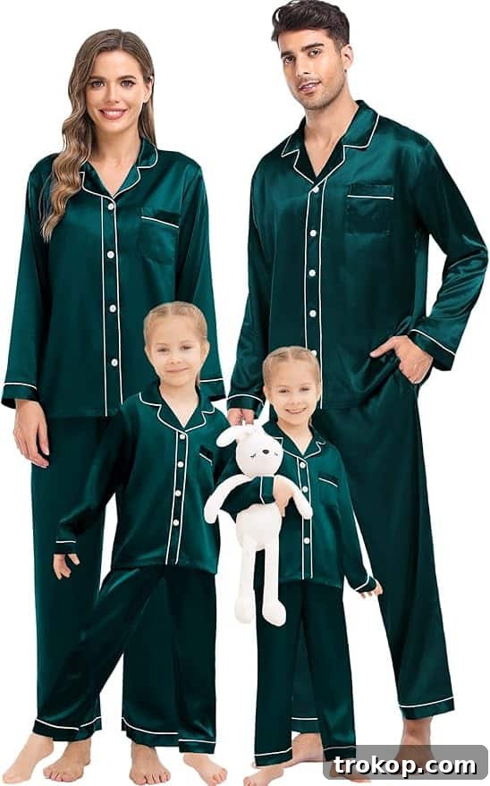 Festive Family Fun: Matching Family Christmas Pajamas 8 Elegant silk satin family matching pajamas with button-down design.