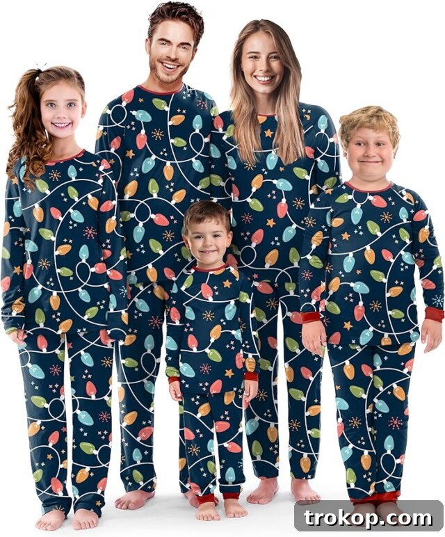 Festive Family Fun: Matching Family Christmas Pajamas 9 Matching family Christmas pajamas featuring a cheerful string lights pattern.