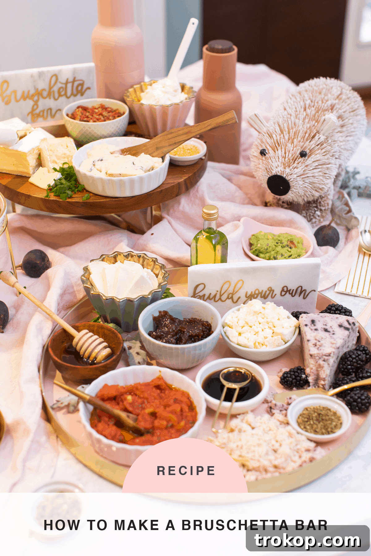 A vibrant header image illustrating how to make a build your own bruschetta bar, featuring a tempting array of toppings and Crackers.