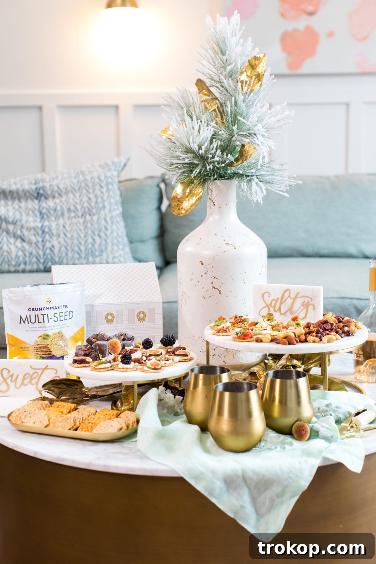 A stunning final display of the interactive bruschetta bar, showcasing colorful and fresh ingredients beautifully styled for guests.
