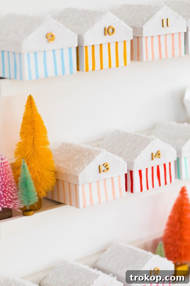 Colorful Village Advent Calendar Craft for Kids 8 Completed striped Christmas houses for advent calendar
