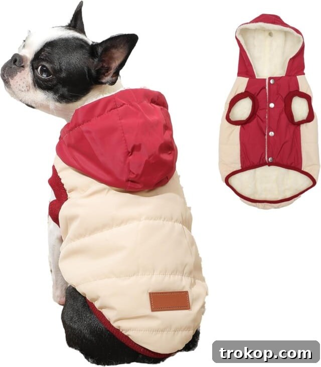 Fabdog Reversible Puffer Coat Hot Pink/Orange 10" Warm and stylish fleece-lined puffer coat hoodie for dogs, with leash opening and snap closure