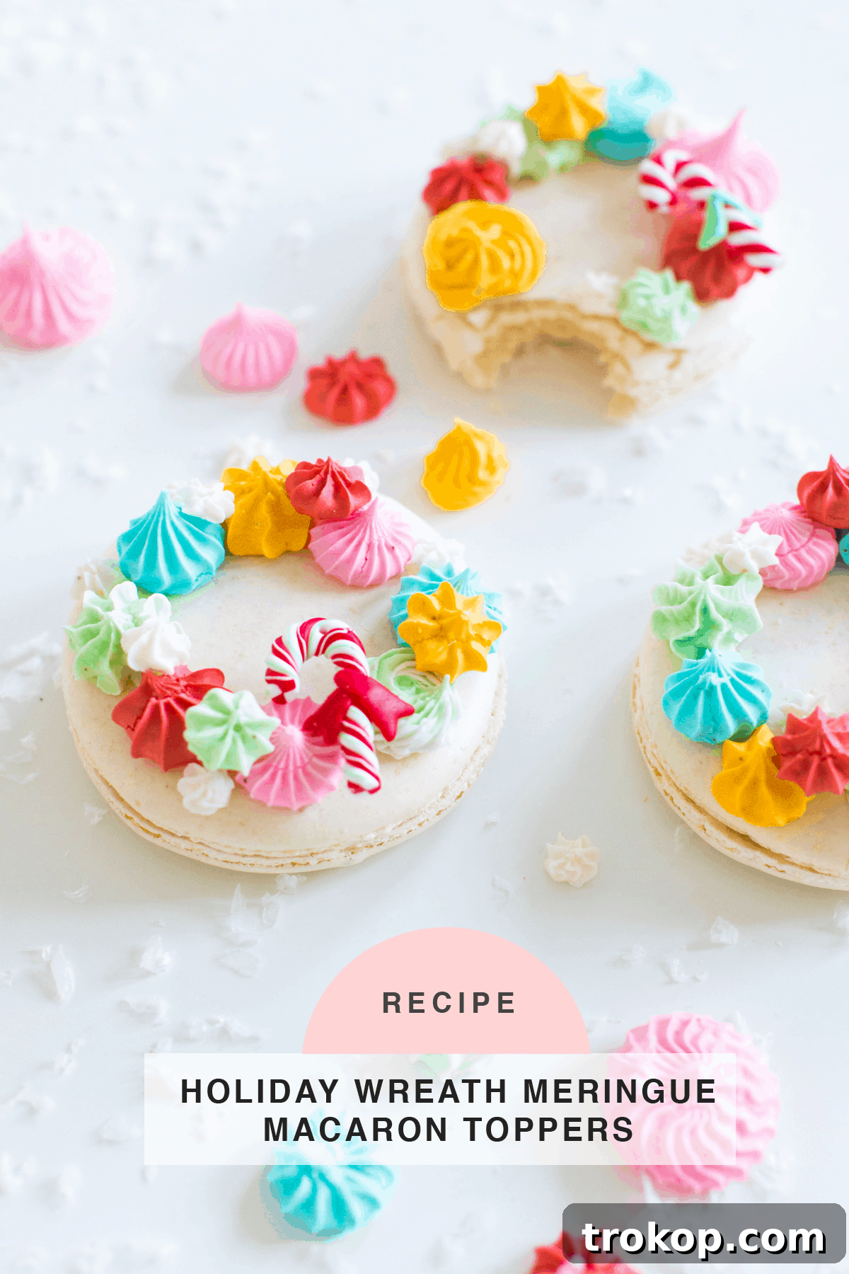 Festive Wreath Macaron Delights 6 finished macarons How to Make Holiday Wreath Meringue Macarons by top Houston lifestyle blogger Ashley Rose of Sugar & Cloth #holiday #cookies #meringues #wreath #christmas #ideas