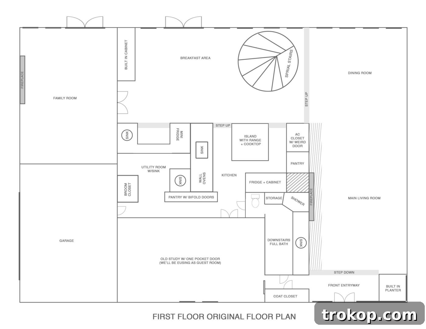 The original floor plan of the first floor, illustrating the compartmentalized layout, excessive storage, and inefficient space usage before renovation. It highlights the disconnected kitchen, spiral staircase, and an oversized wet bar area.
