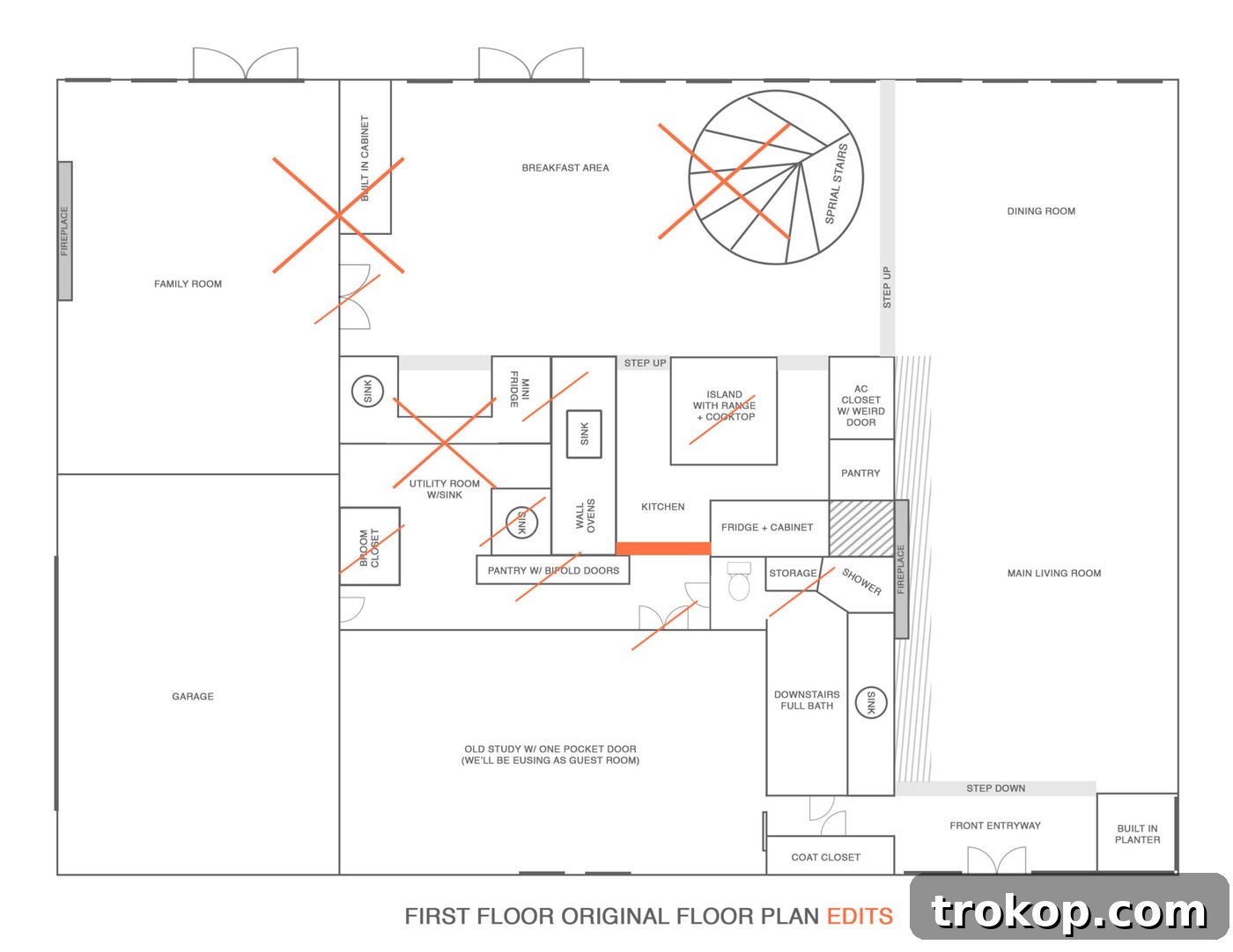 The edited first-floor plan showcasing demolition and structural changes including wall removals, staircase replacement, kitchen reconfigurations, and new storage solutions to improve flow and functionality.