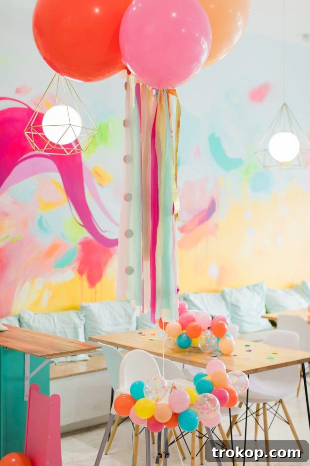 High chair balloon decoration idea for a baby's first birthday party by Sugar & Cloth