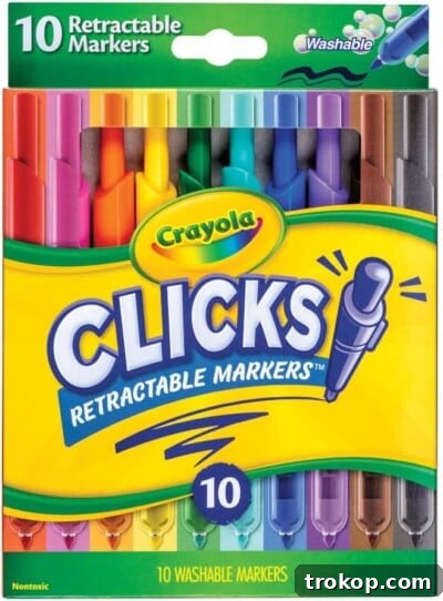 Crayola Clicks Retractable Tip Markers for mess-free coloring.