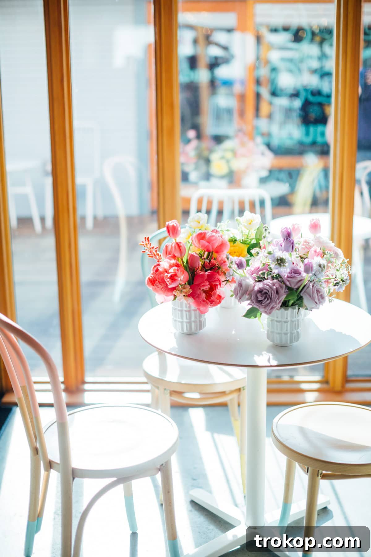 Elegant pastel Easter table decor with floral centerpieces by Sugar & Cloth