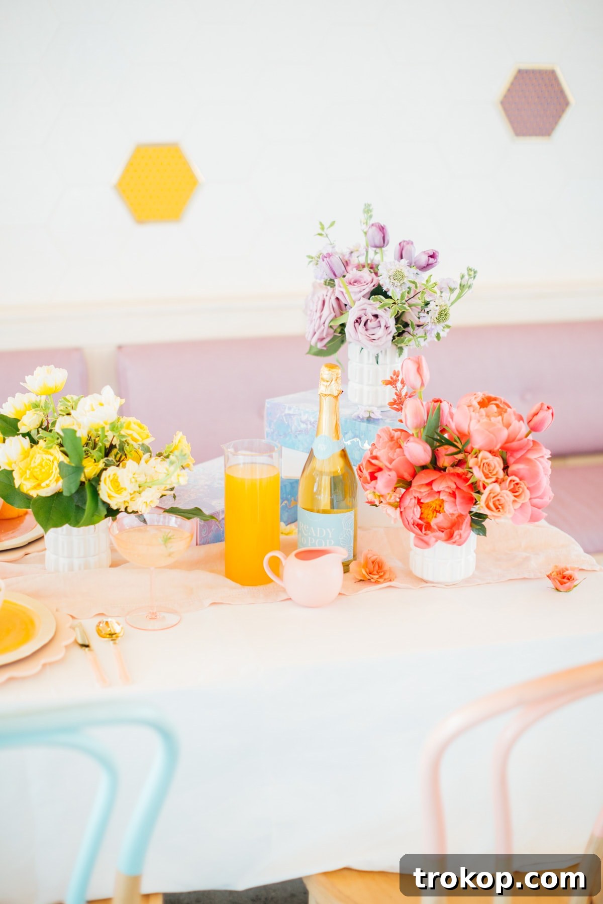 Champagne flutes ready for a festive Easter or spring brunch celebration