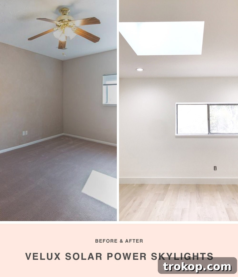 New Home New Light Our Skylight Transformation 6 Before and After: Gwen's bedroom, showing the dramatic improvement from a dark room to a brightly lit space thanks to the new Velux skylight. This transformation highlights the power of natural light in home renovation and interior design.