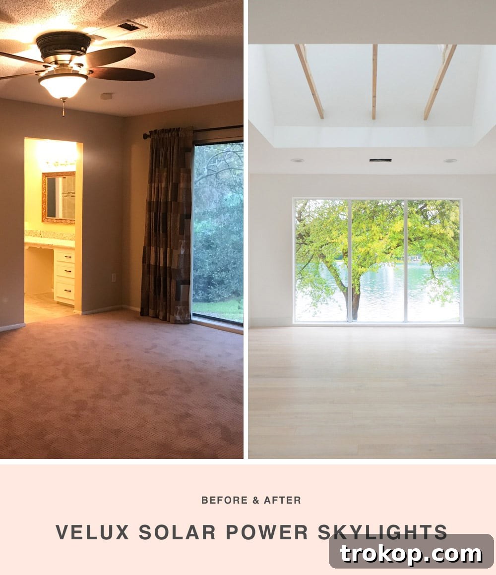 New Home New Light Our Skylight Transformation 7 Before and After: Master bedroom transformation with multiple Velux skylights. This comparison vividly illustrates how strategically placed skylights can flood a large room with essential natural light, creating an inviting, energy-efficient sanctuary for homeowners.