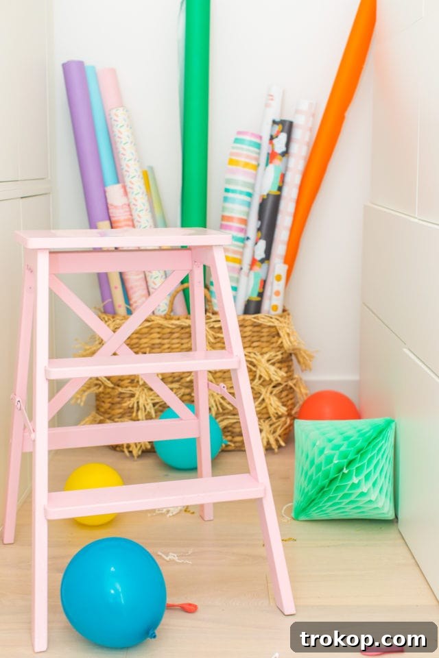 Unveiling My New Studio and Craft Nook 10 A stylish pink ladder inside the craft closet, providing easy access to high shelves and adding a playful yet functional design element to the studio organization.