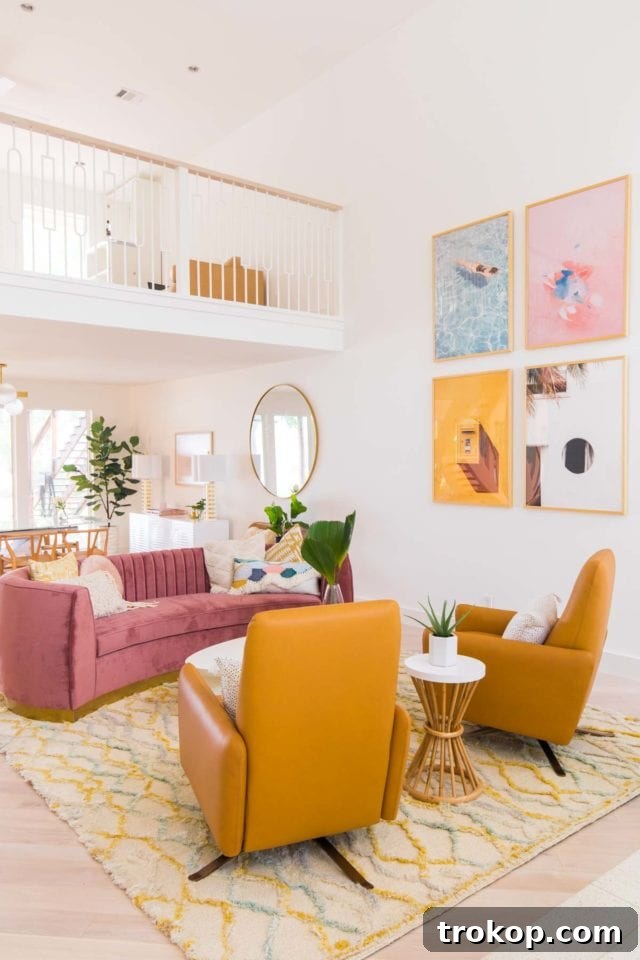 Bright and airy living room interior, capturing the interplay of natural light, colorful artwork, and curated mid-century furniture pieces.