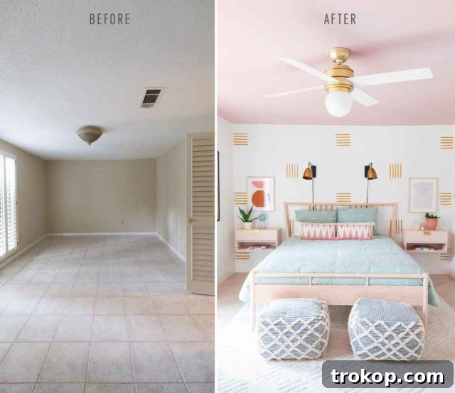 Before and after comparison of a guest bedroom makeover, highlighting the new accent wall and flooring.
