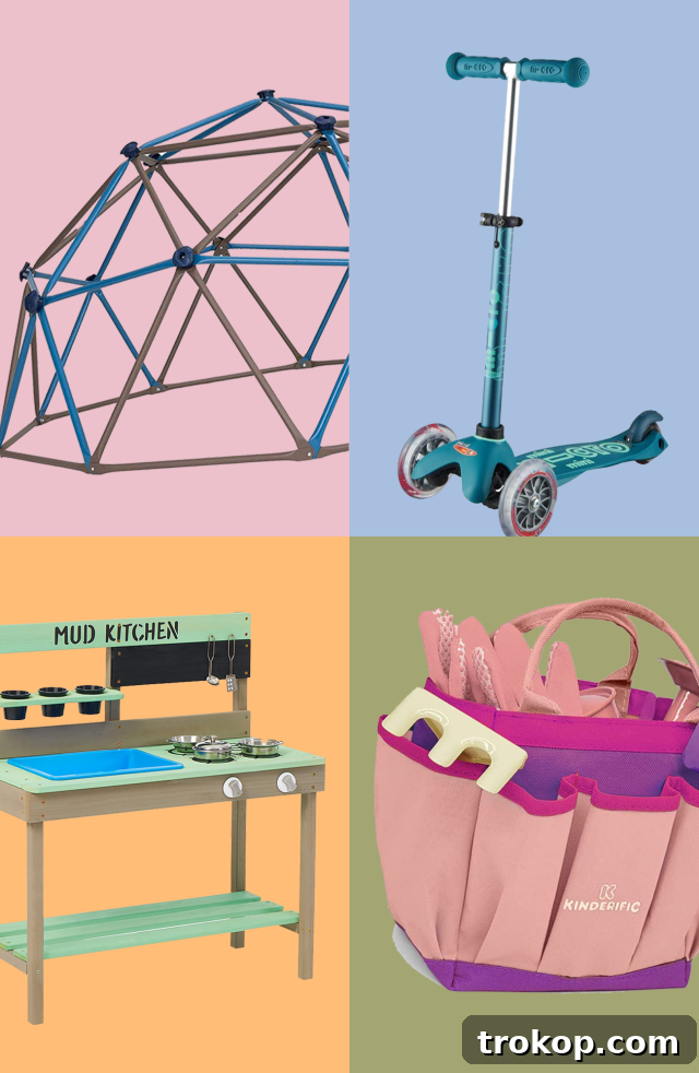 43 Best Outdoor Toys to Inspire Kids to Play Outside 2 kids playing with various outdoor toys in a vibrant backyard