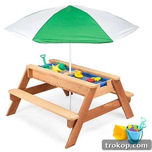Best Choice Products Kids 3-in-1 Sand & Water Activity Table, Wood Outdoor Convertible Picnic Table w/Umbrella, 2 Play Boxes, Removable Top - Green kids 3-in-1 sand and water activity table with umbrella