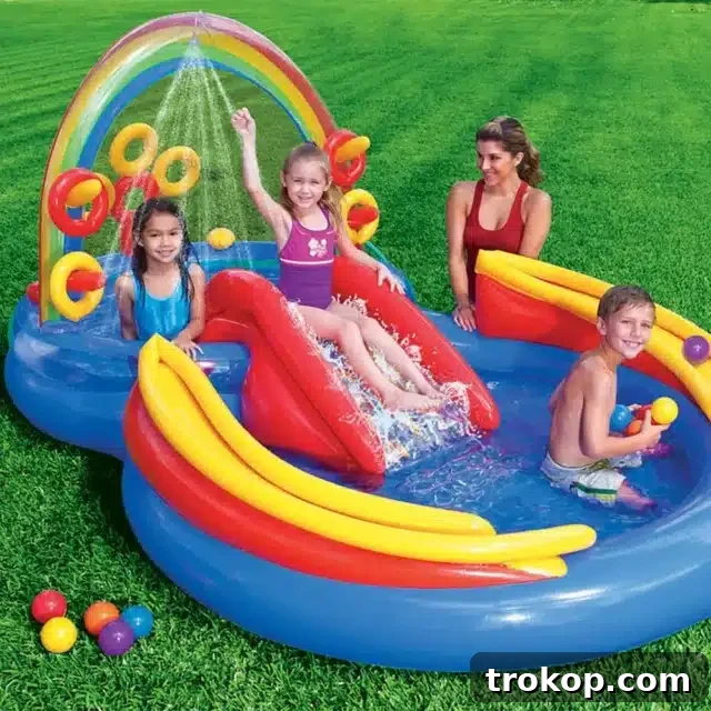 Intex Rainbow Ring Inflatable Play Center, 117" X 76" X 53", For Ages 2+ Intex Rainbow Ring Inflatable Play Center with water slide and games
