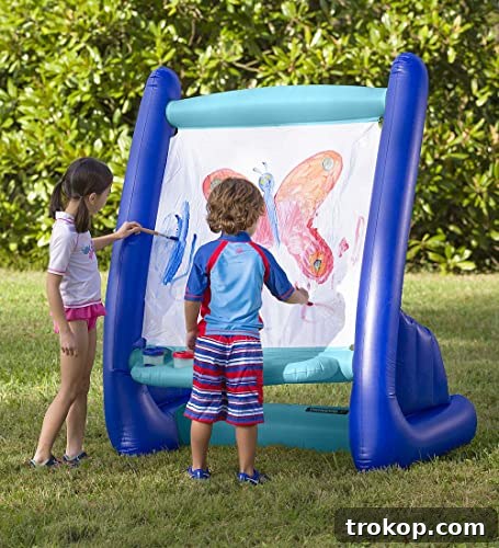 HearthSong Heavy-Duty Vinyl Inflatable Indoor and Outdoor Easel for Kids with Paints, Sponges, Paintbrush, and Built-in Art Tray, 39"L x 27"W x 50"H HearthSong Heavy-Duty Vinyl Inflatable Outdoor Easel for Kids with paints