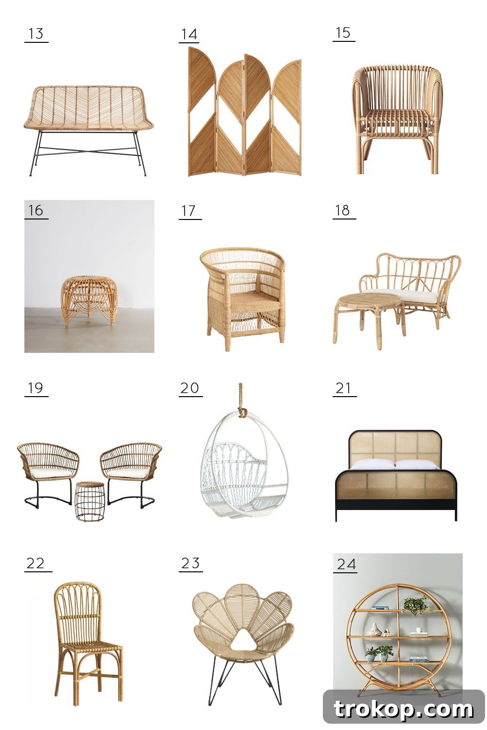 Woven Warmth: Embracing Cane and Rattan Decor 4 Another selection of rattan and cane furniture, highlighting versatile pieces like benches, room dividers, and various chair styles.