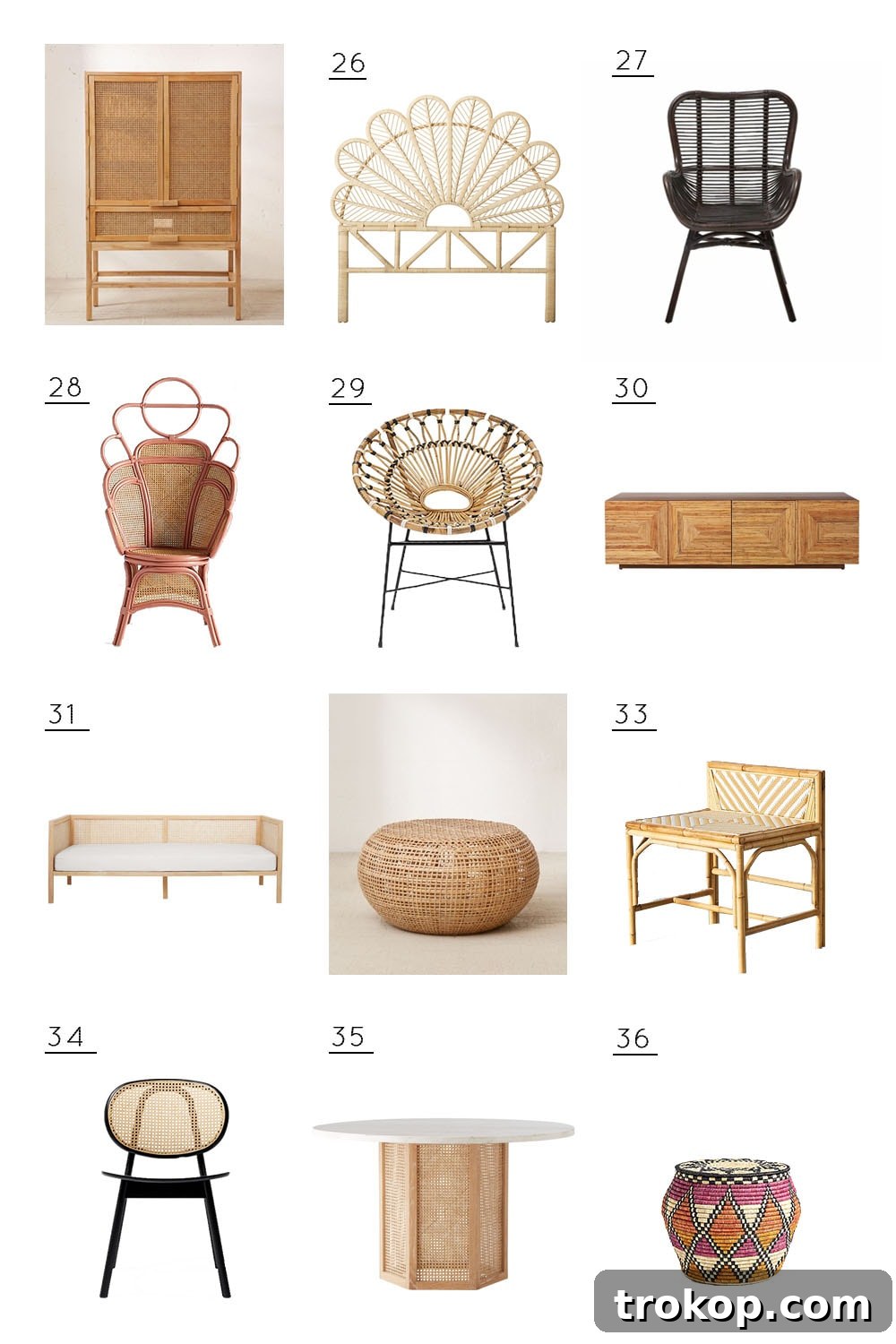 Woven Warmth: Embracing Cane and Rattan Decor 5 A final group of stylish rattan and cane furniture, featuring cabinets, headboards, and diverse seating options.