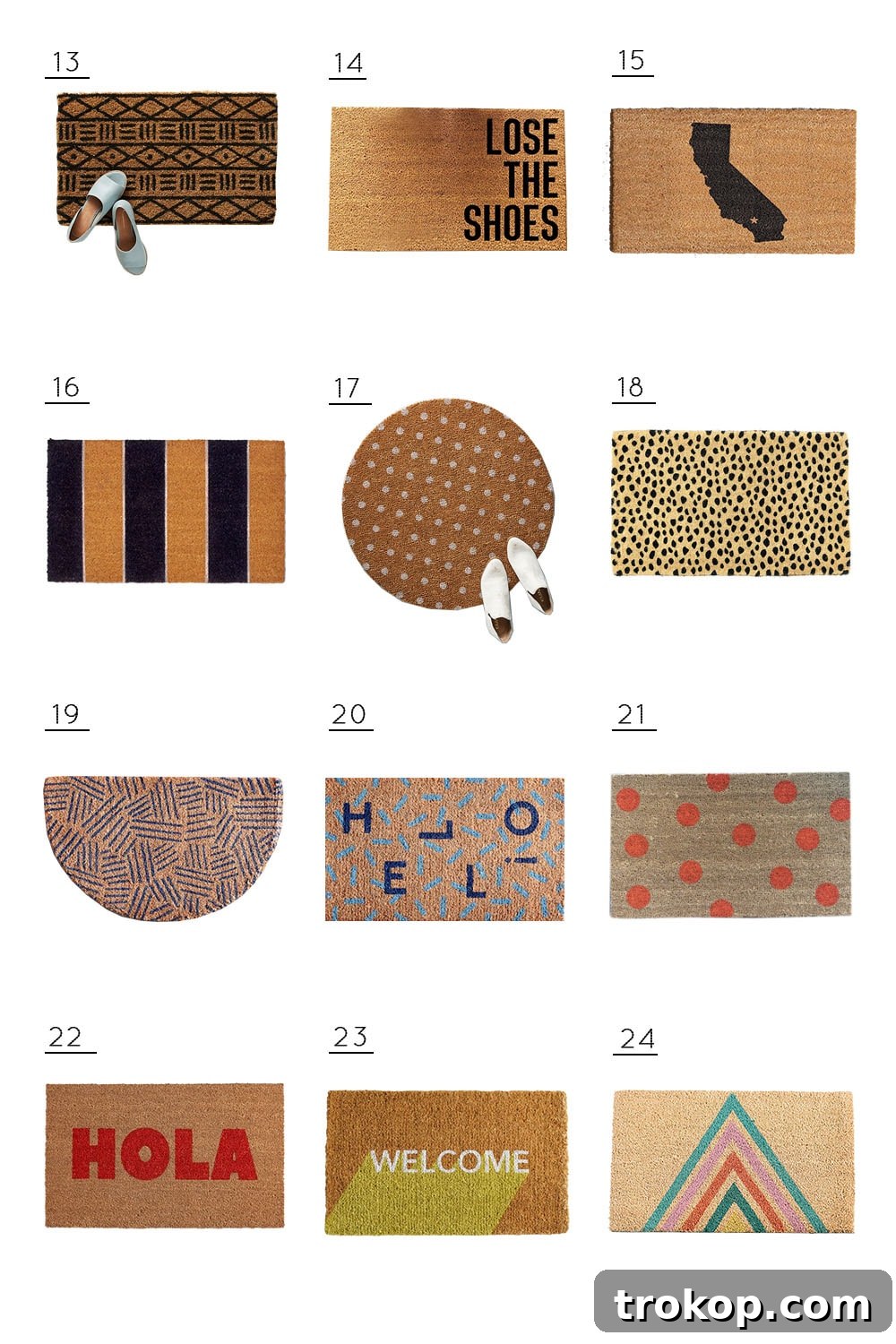 A vibrant collection of modern, budget-friendly colorful and graphic door mats, perfect for adding personality to any entryway.