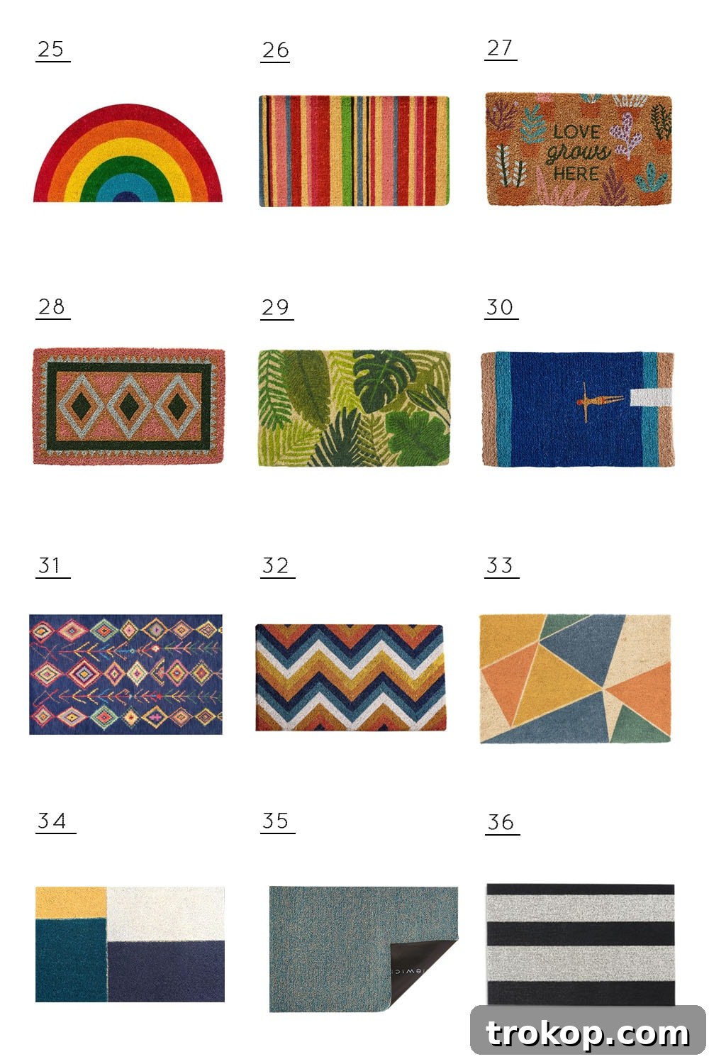 A stunning collection of modern, budget-friendly statement door mats, featuring vibrant colors, geometric prints, and tropical designs for a bold entryway.