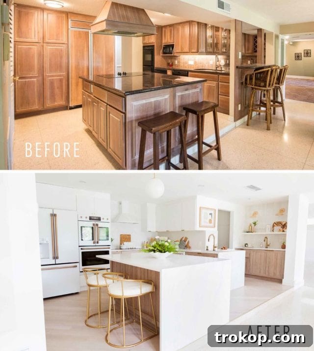 Side-by-side comparison of old and new kitchen, view 1