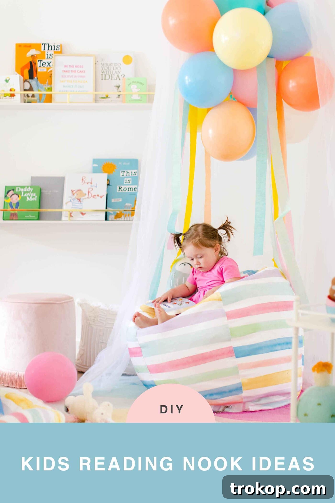 Rainbow Retreats for Little Bookworms 13 Sharing how to make this DIY book nook with a few colorful reading nook ideas to make it own! #decor #kids #diy #reading by top Houston lifestyle blogger Ashley Rose of Sugar & Cloth