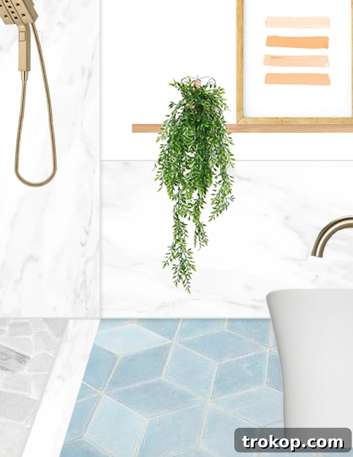 An illustrated design concept for a new modern master bathroom, showcasing a minimalist and elegant layout with a freestanding tub and spacious shower, envisioned by Sugar & Cloth.