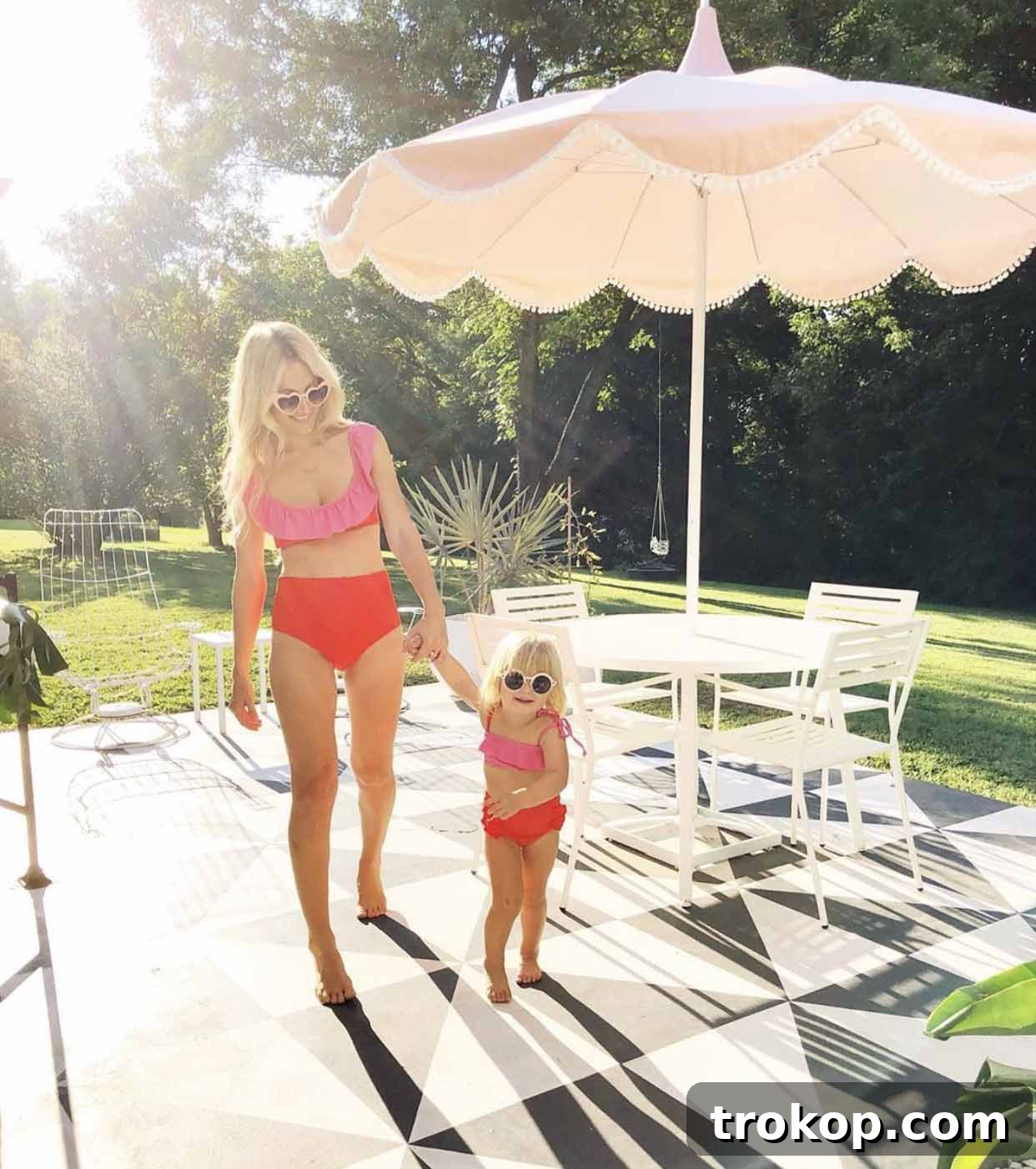 Olivia Ocean: Real Moms Make Waves in Mommy and Me Swimsuits 2 Laura Gummerman and daughter Lola in matching coral red swimsuits