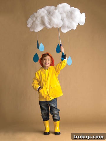 Child in a creative DIY Rain Cloud Halloween costume with hanging raindrops
